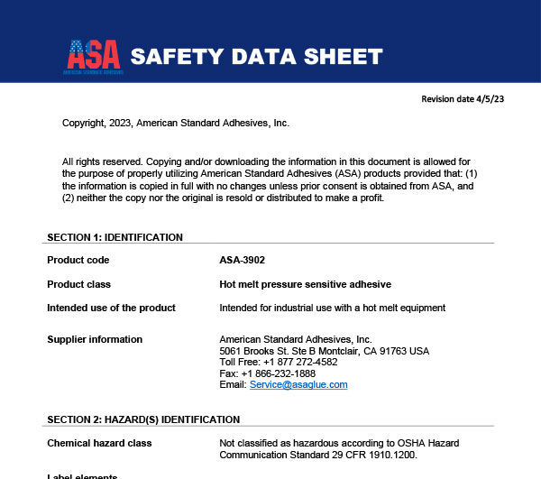 Low Tack Pressure Sensitive Hot Melt SDS