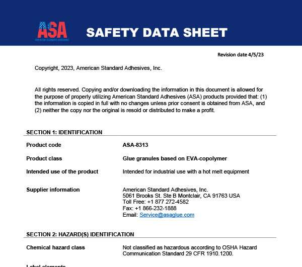 High Performance Bookbinding Hot Melt, Spine Glue SDS