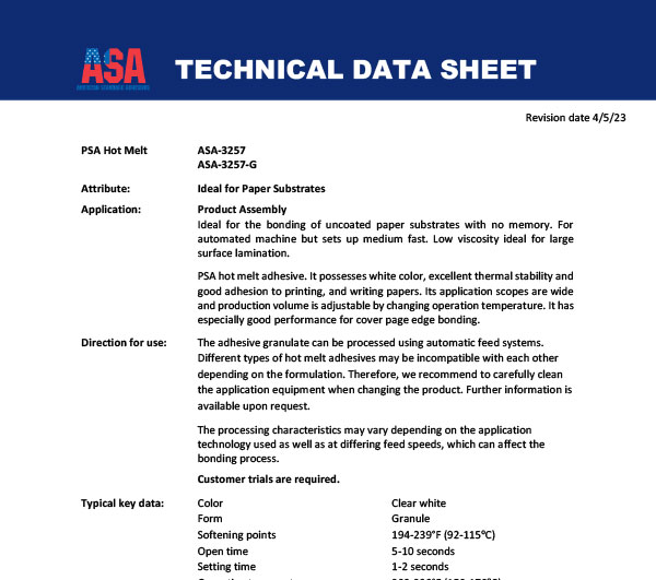Medium Fast Product Assembly Hot Melt technical sheet