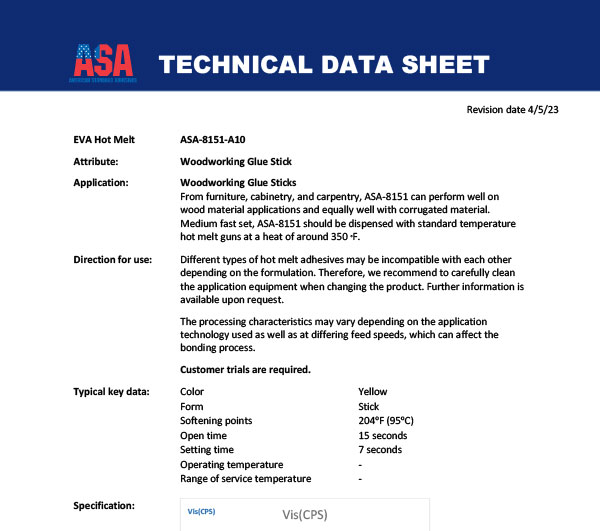 Woodworking Glue Stick data sheet