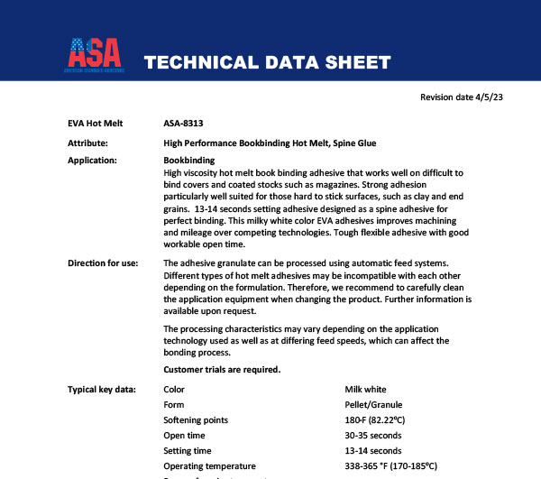 High Performance Bookbinding Hot Melt, Spine Glue TDS